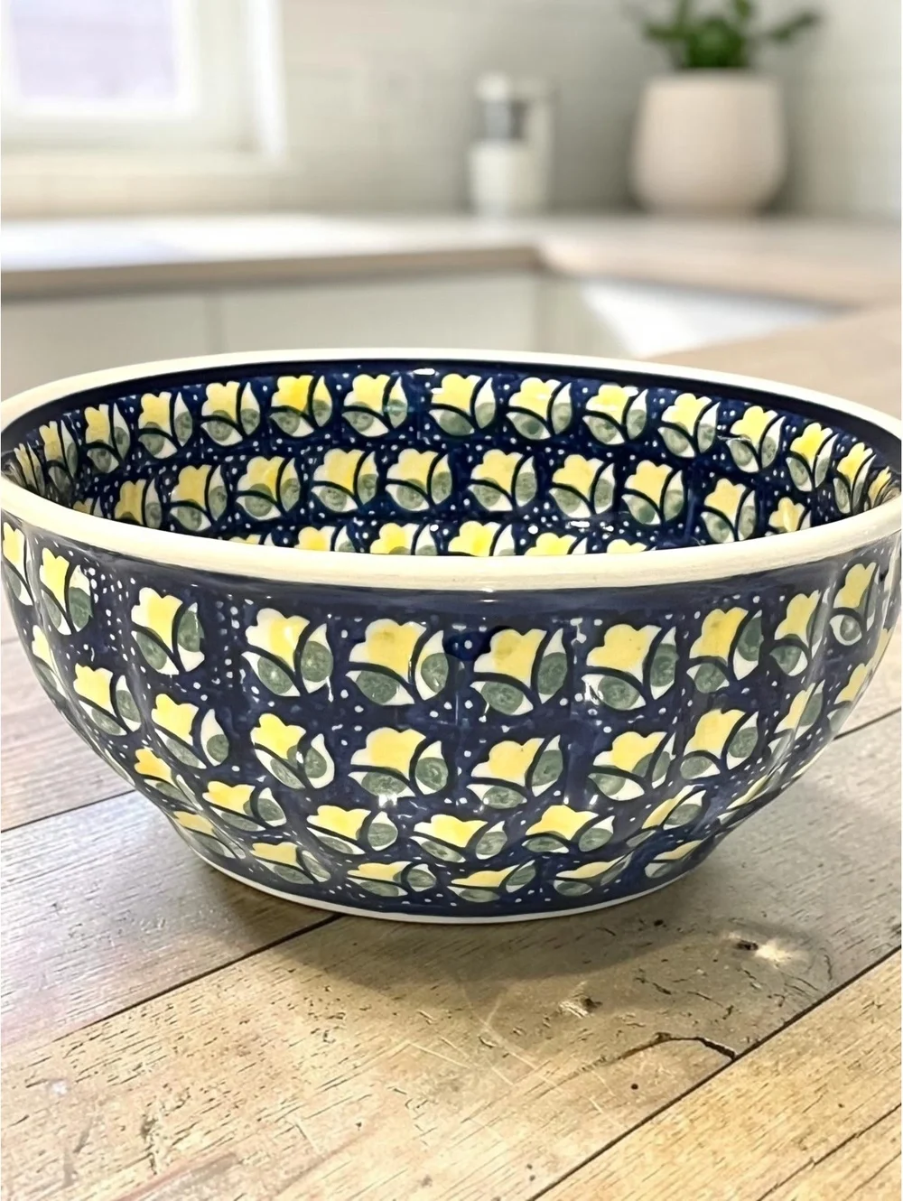 Manufaktura Polish Pottery 9” Serving Bowl Blue Yellow Floral Handmade Poland